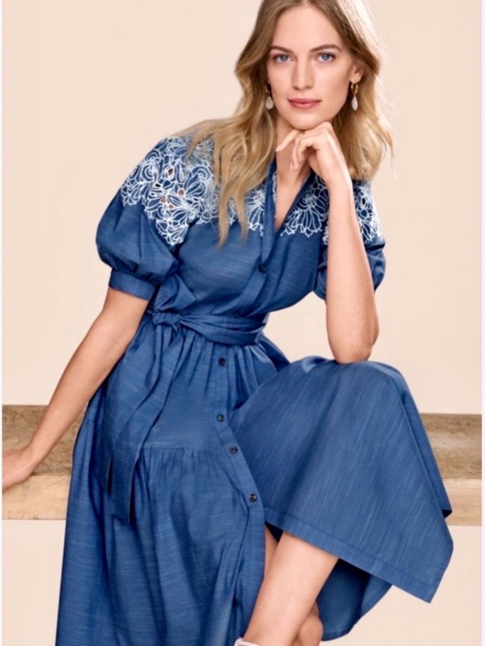 Ann Taylor Eyelet Chambray Puff-Sleeve Midi Dress